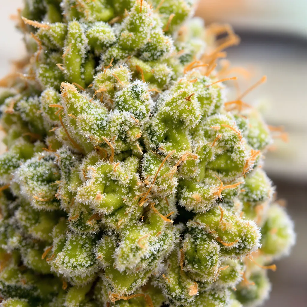 Gros plan de fleur de cannabis Cramnesia montrant structure aérée vert lime