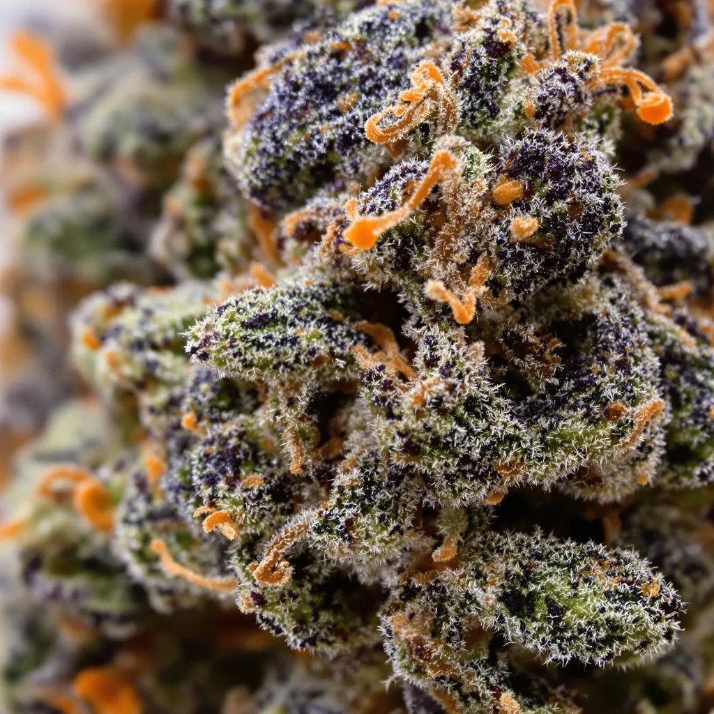 Gros plan de fleur de cannabis Cream Caramel montrant calices denses aux reflets violets