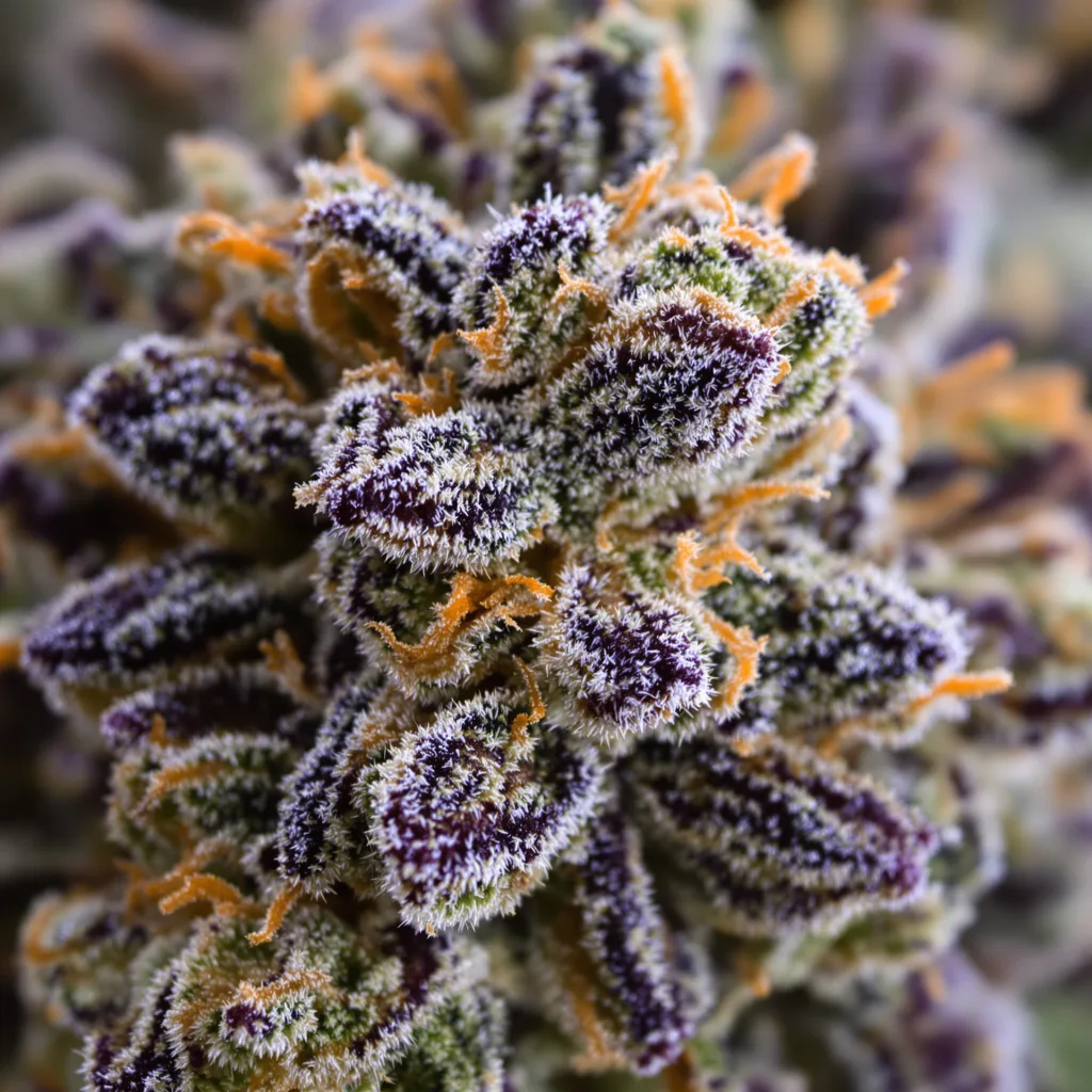 Gros plan de fleur de cannabis Cream Caramel montrant calices denses aux reflets violets