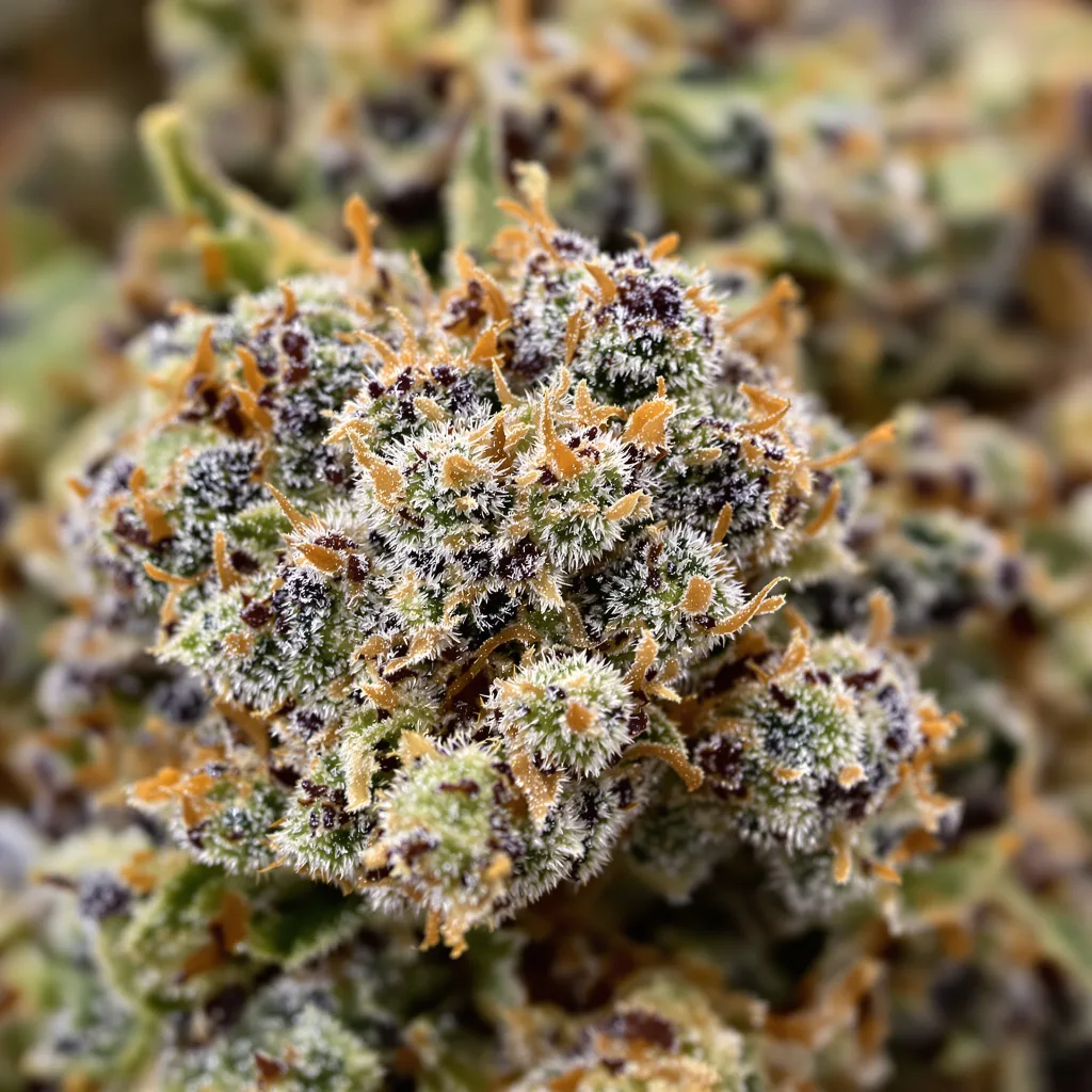 Gros plan de fleur de cannabis Cream montrant calices denses aux reflets violets