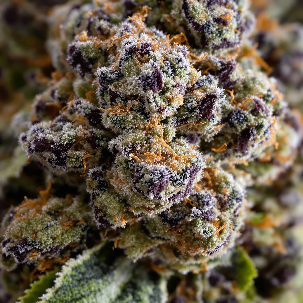 Gros plan de fleur de cannabis Critical Bilbo montrant calices denses aux reflets violets