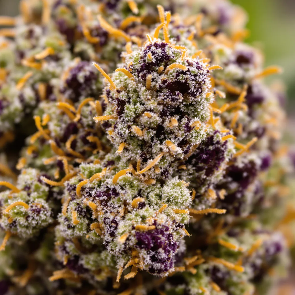Gros plan de fleur de cannabis Critical Fast Bud montrant calices denses aux reflets violets