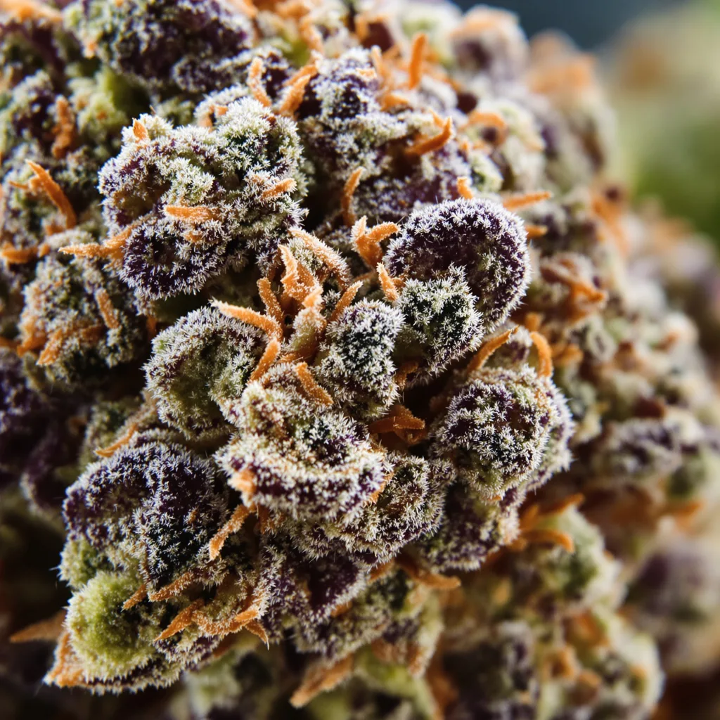 Gros plan de fleur de cannabis Critical Fast Bud montrant calices denses aux reflets violets