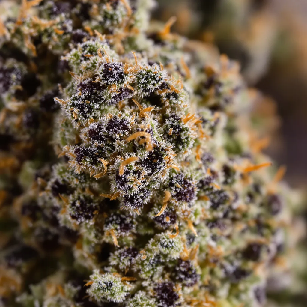 Gros plan de fleur de cannabis Critical Glue montrant calices denses aux reflets violets