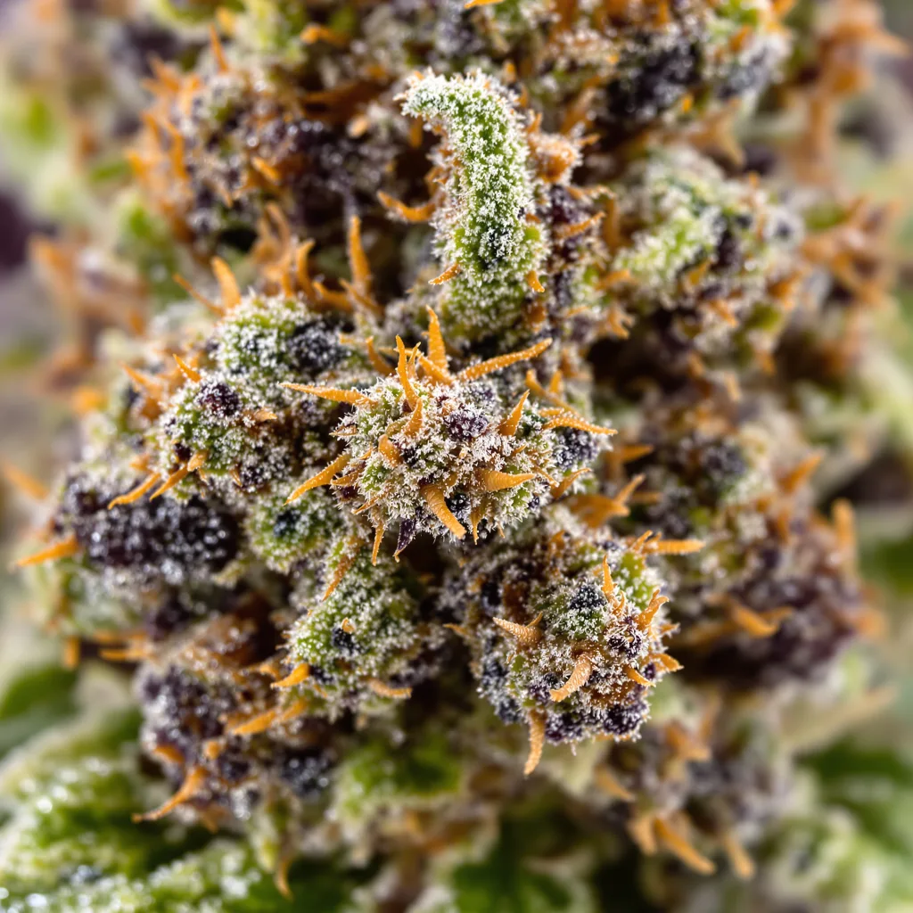 Gros plan de fleur de cannabis Critical Glue montrant calices denses aux reflets violets