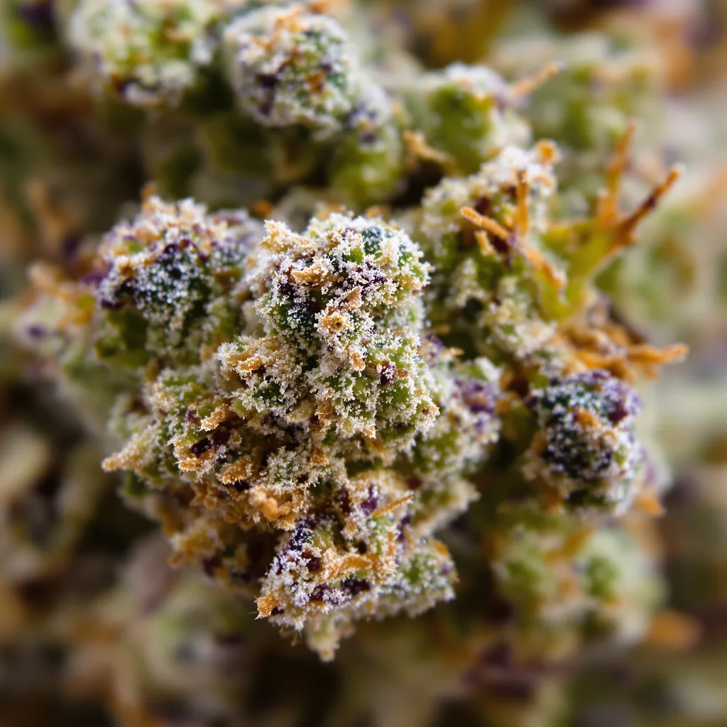 Gros plan de fleur de cannabis Critical Jack montrant structure équilibrée avec trichomes givrés