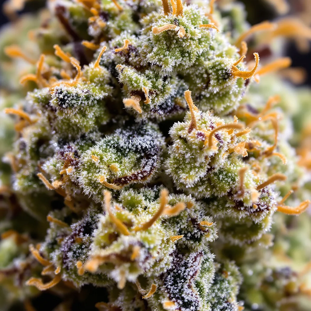 Gros plan de fleur de cannabis Critical Jack montrant structure équilibrée avec trichomes givrés