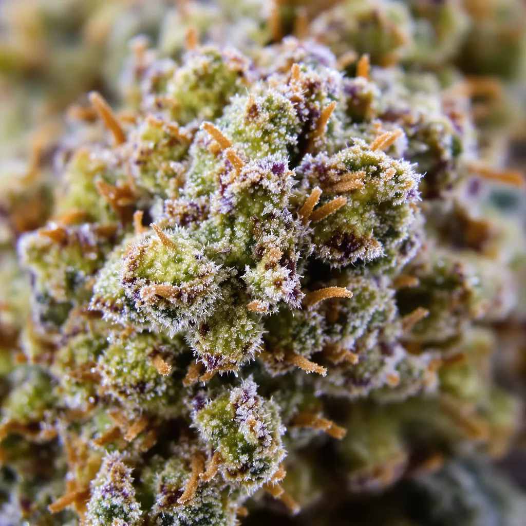 Gros plan de fleur de cannabis Critical Plus montrant nugs denses vert forêt