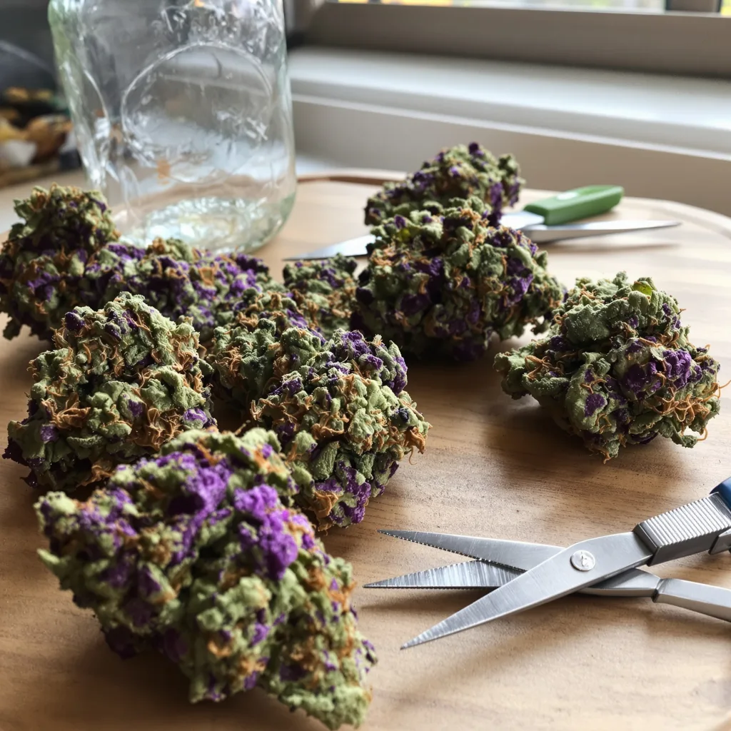 Critical Purple 70% indica / 30% sativa — fleur avec trichomes visibles