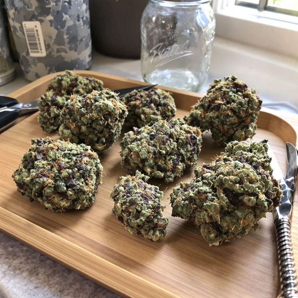 Critical Purple 70% indica / 30% sativa — fleur avec trichomes visibles