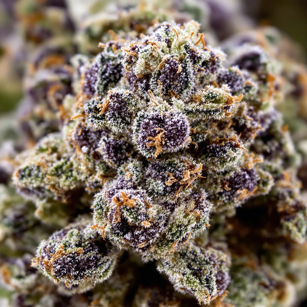 Gros plan de fleur de cannabis Critical Purple montrant calices denses aux reflets violets