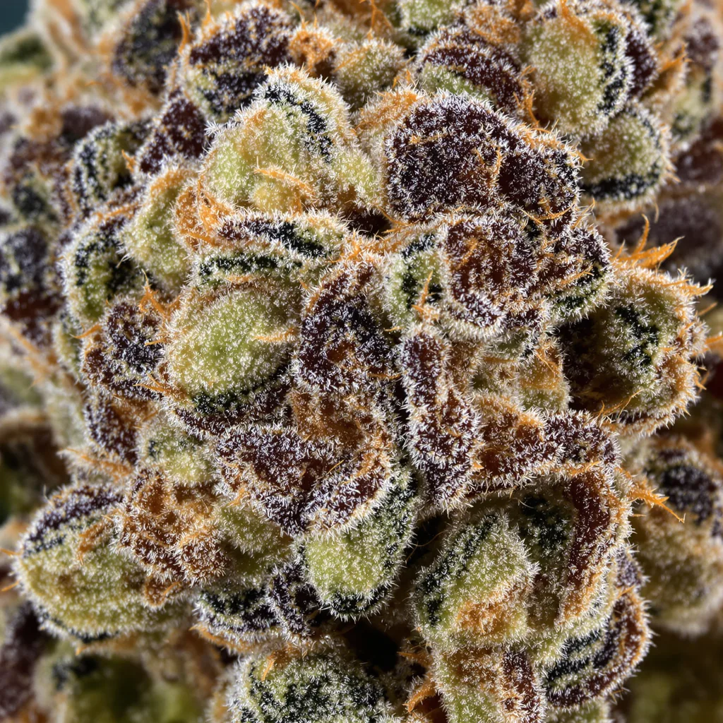 Gros plan de fleur de cannabis Critical Skunk montrant calices denses aux reflets violets