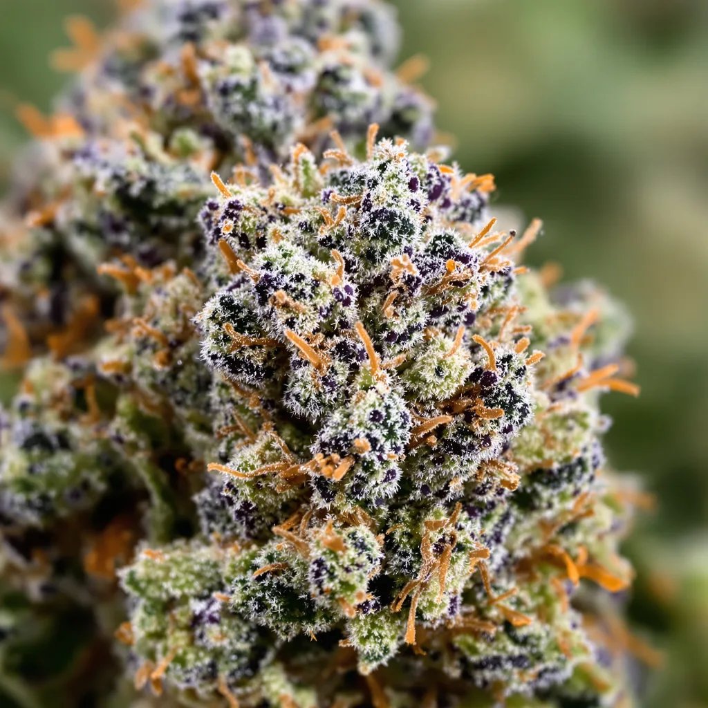 Gros plan de fleur de cannabis Crosswalker montrant calices denses aux reflets violets