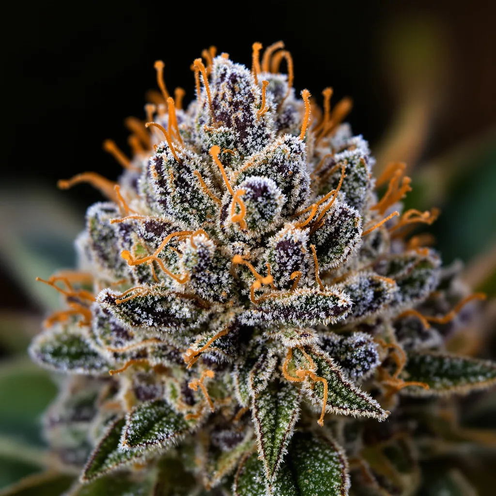 Gros plan de fleur de cannabis Crouching Tiger Hidden Alien montrant calices denses aux reflets violets