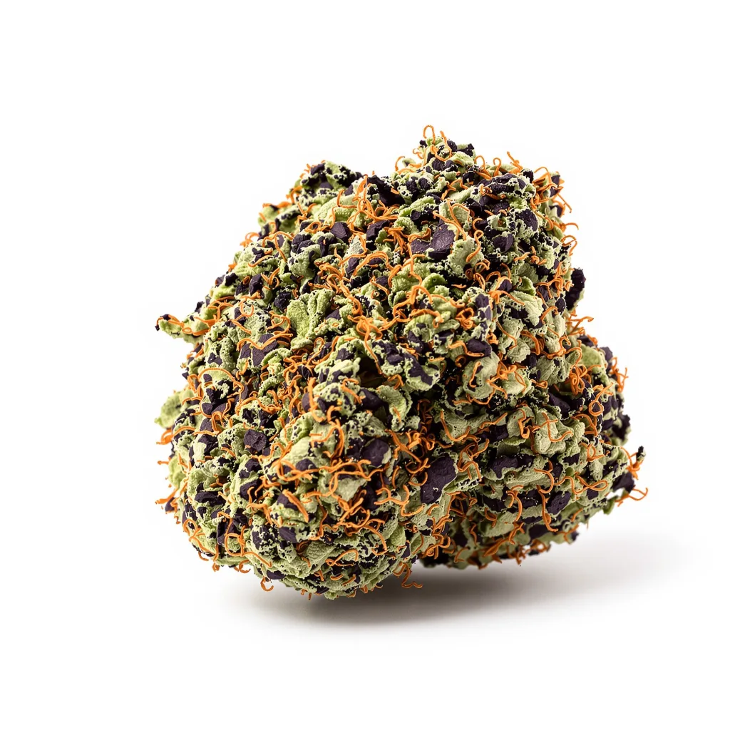 Crouching Tiger Hidden Alien 82% indica / 18% sativa — fleur avec trichomes visibles