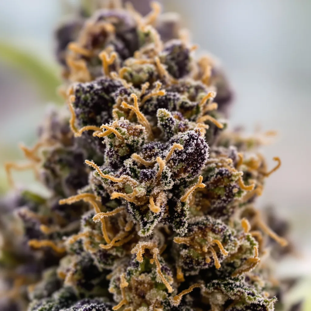 Gros plan de fleur de cannabis Crown OG montrant calices denses aux reflets violets