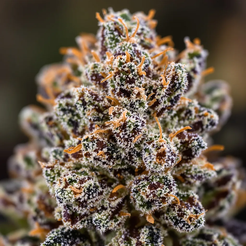 Gros plan de fleur de cannabis Crown OG montrant calices denses aux reflets violets