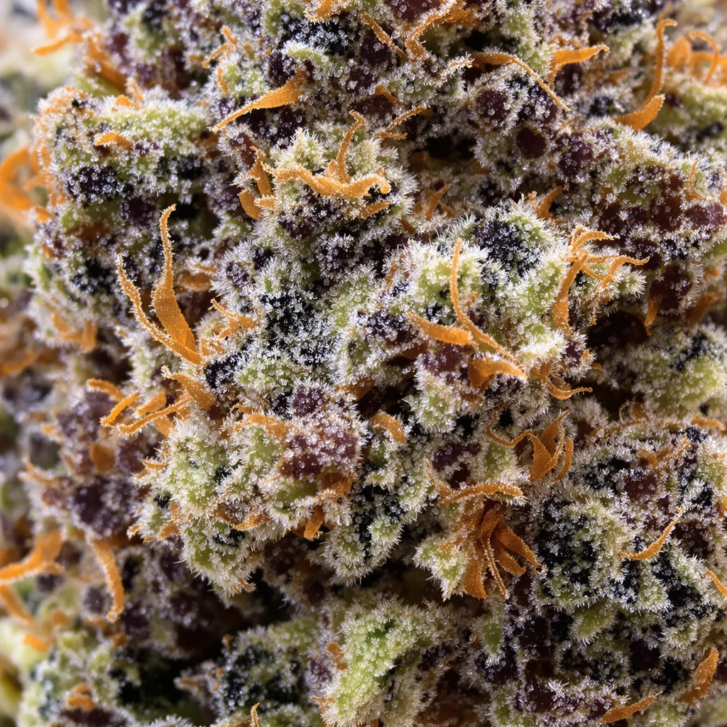 Gros plan de fleur de cannabis Crown Royale montrant calices denses aux reflets violets