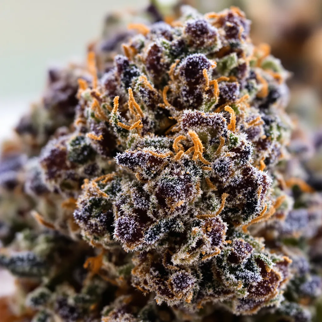 Gros plan de fleur de cannabis Crown Royale montrant calices denses aux reflets violets