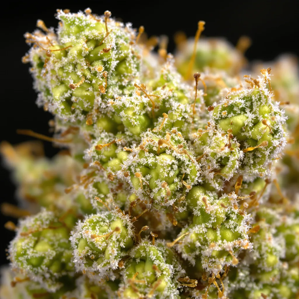 Gros plan de fleur de cannabis Crystal Coma montrant structure aérée vert lime