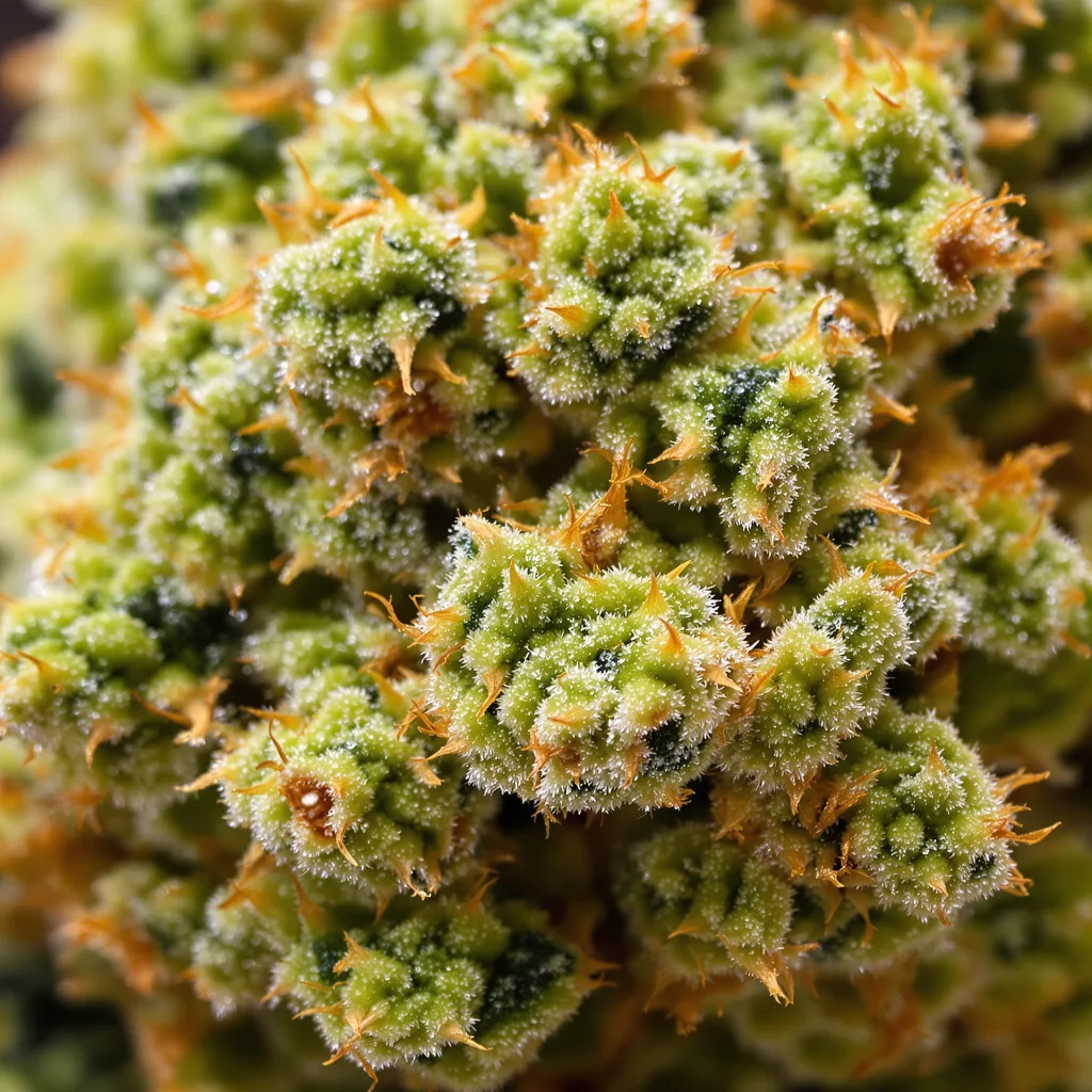 Gros plan de fleur de cannabis Crystal Coma montrant structure aérée vert lime