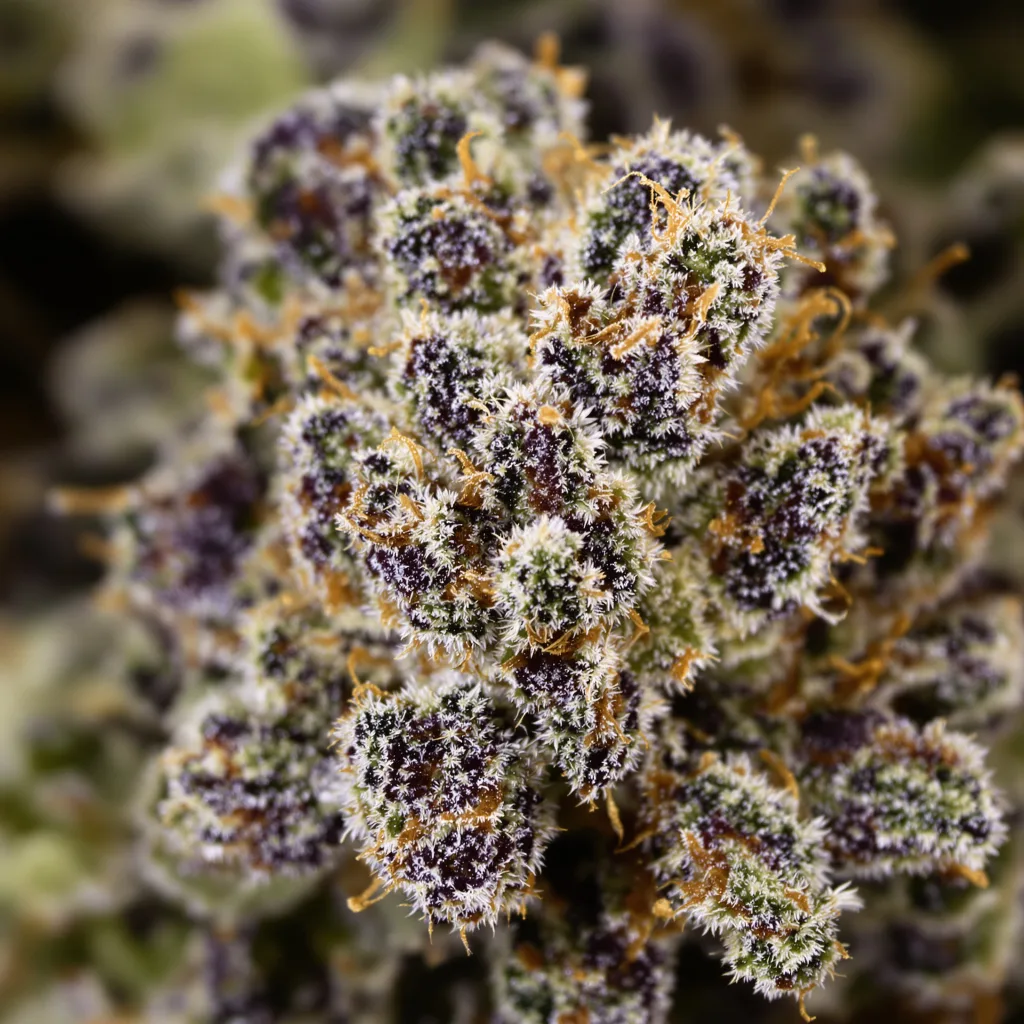 Gros plan de fleur de cannabis Crystal montrant calices denses aux reflets violets