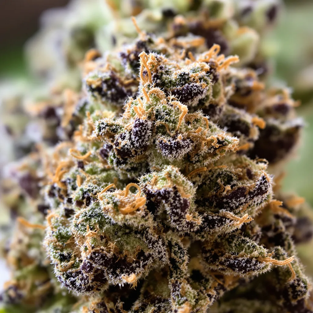 Gros plan de fleur de cannabis Cuvee montrant calices denses aux reflets violets