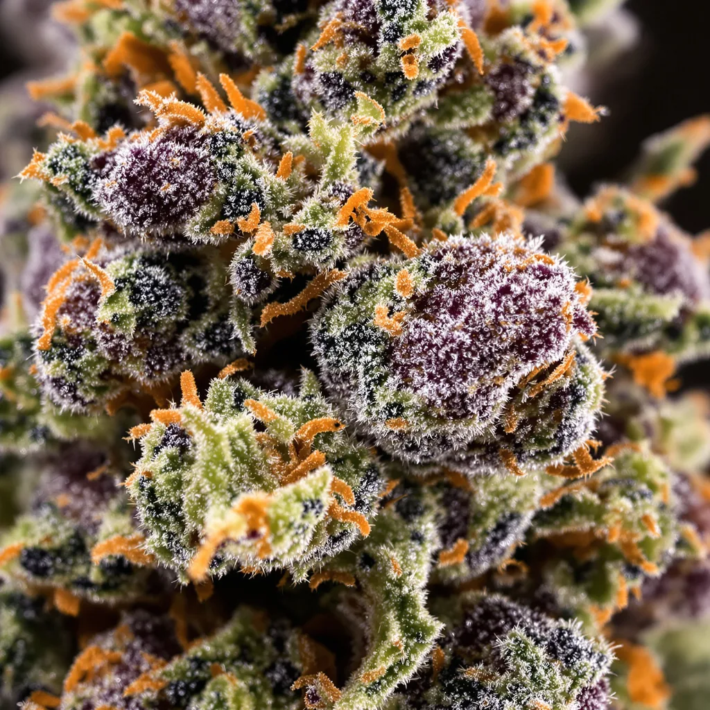 Gros plan de fleur de cannabis Dairy Queen montrant calices denses aux reflets violets