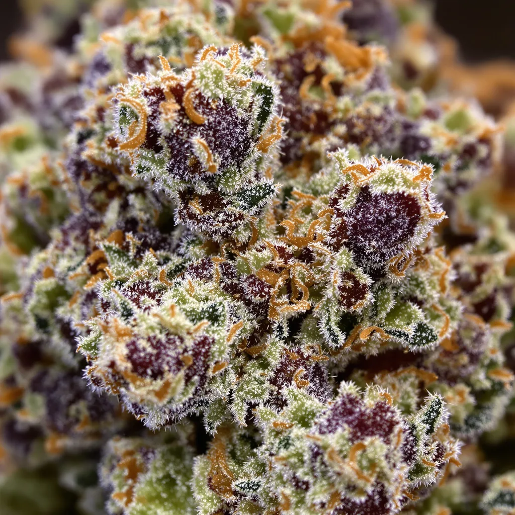 Gros plan de fleur de cannabis Dairy Queen montrant calices denses aux reflets violets