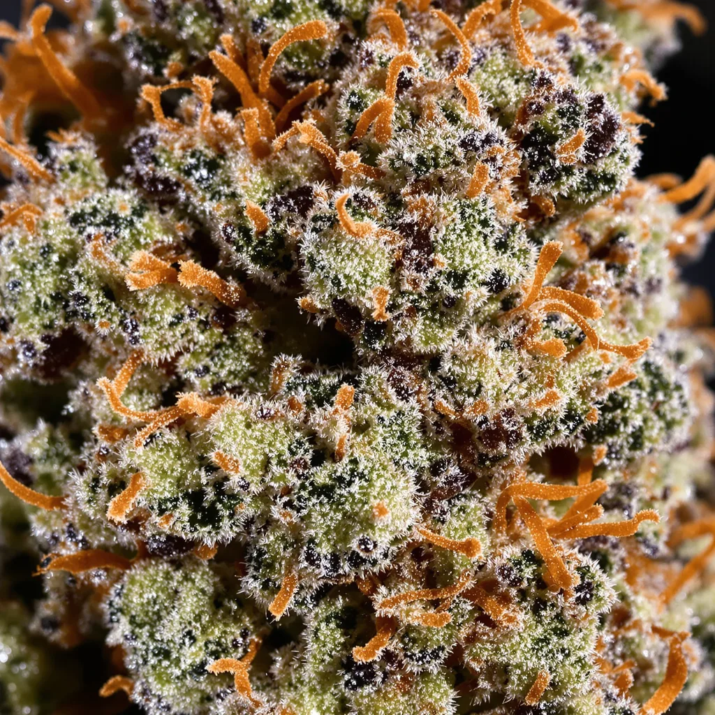 Gros plan de fleur de cannabis Dakini Kush montrant calices denses aux reflets violets