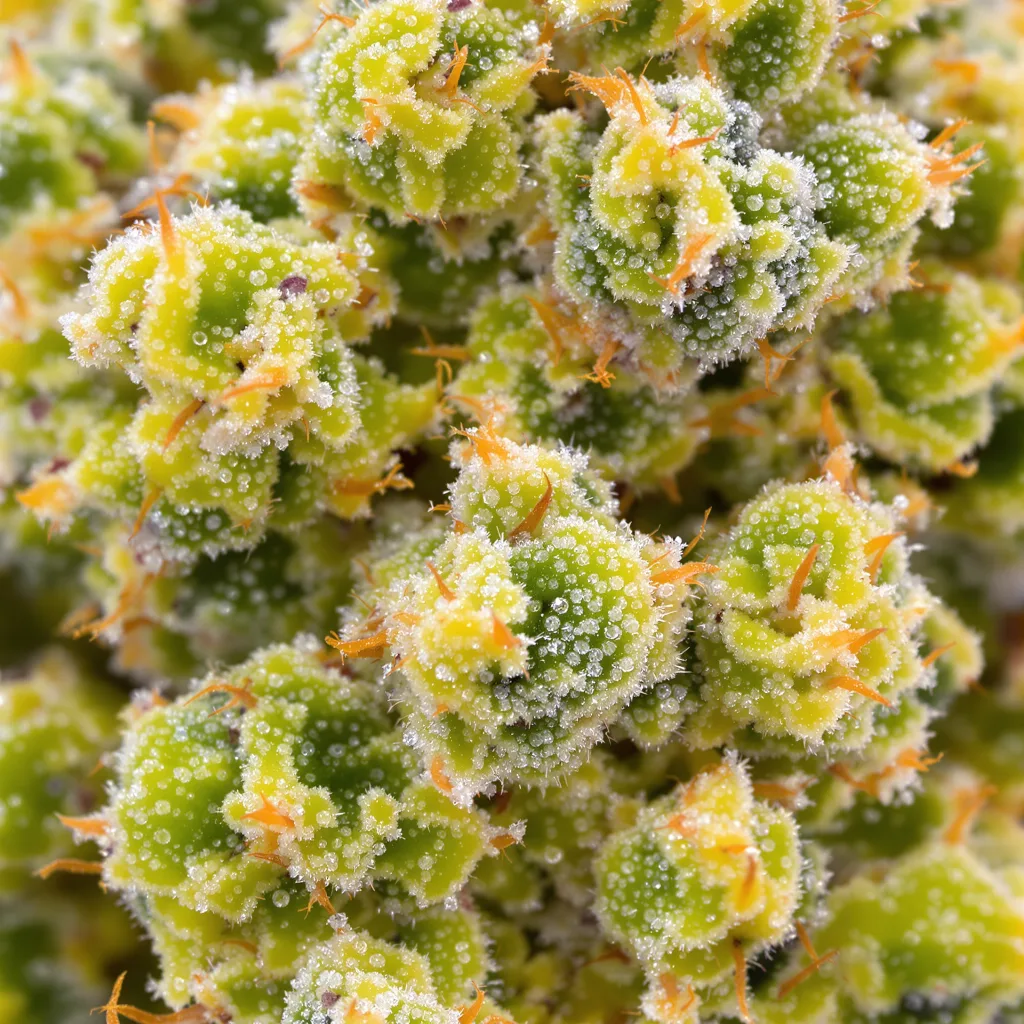 Gros plan de fleur de cannabis Damnesia montrant structure aérée vert lime