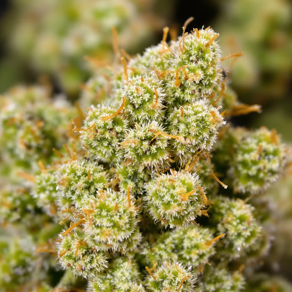 Gros plan de fleur de cannabis Damnesia montrant structure aérée vert lime