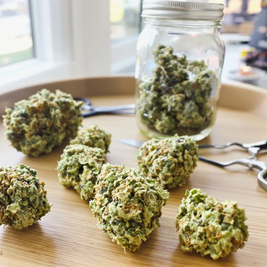 Dance World CBD 57% indica / 43% sativa — fleur avec trichomes visibles