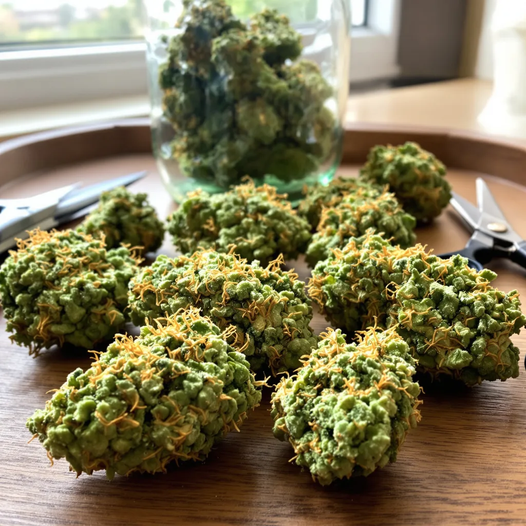 Dance World 20% indica / 80% sativa — fleur avec trichomes visibles