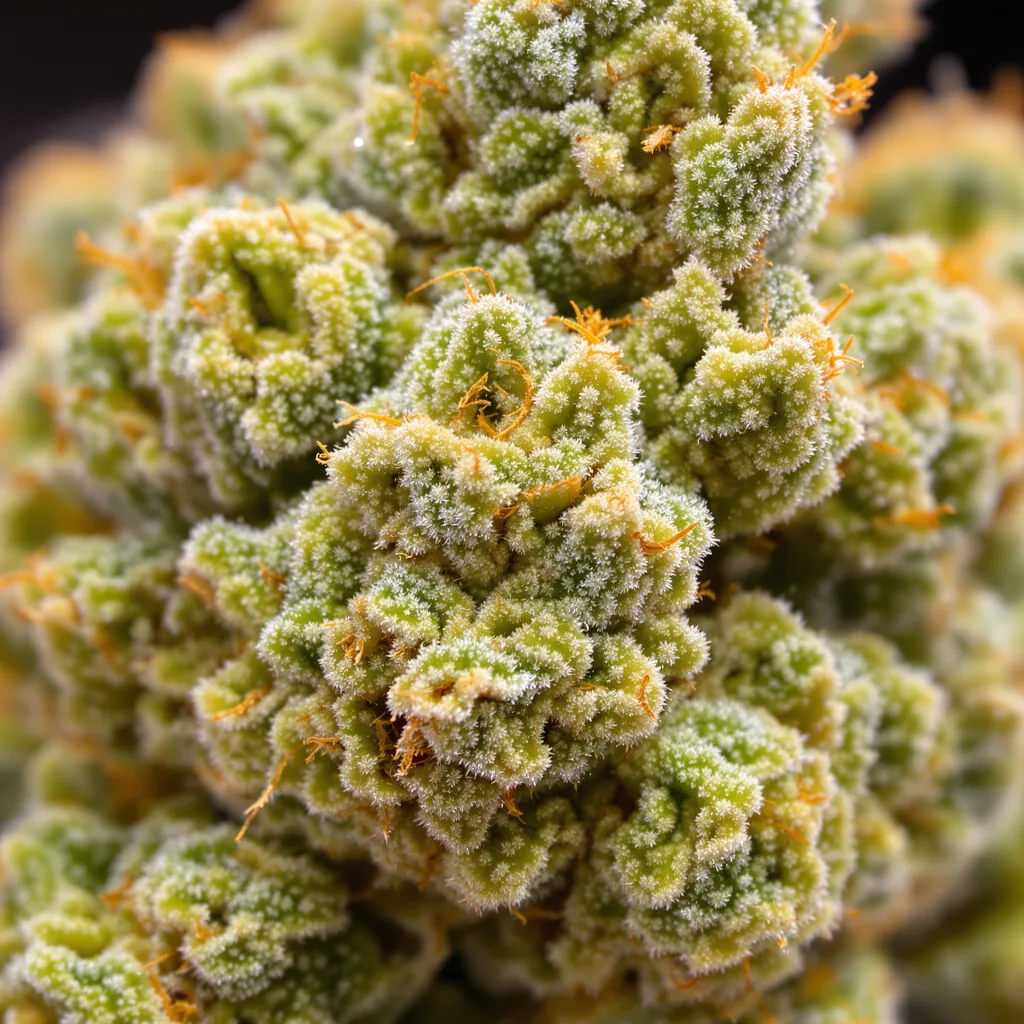 Gros plan de fleur de cannabis Dance World montrant structure aérée vert lime