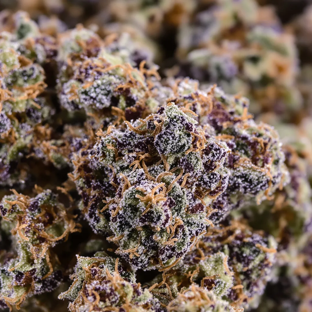 Gros plan de fleur de cannabis Dank Schrader montrant calices denses aux reflets violets