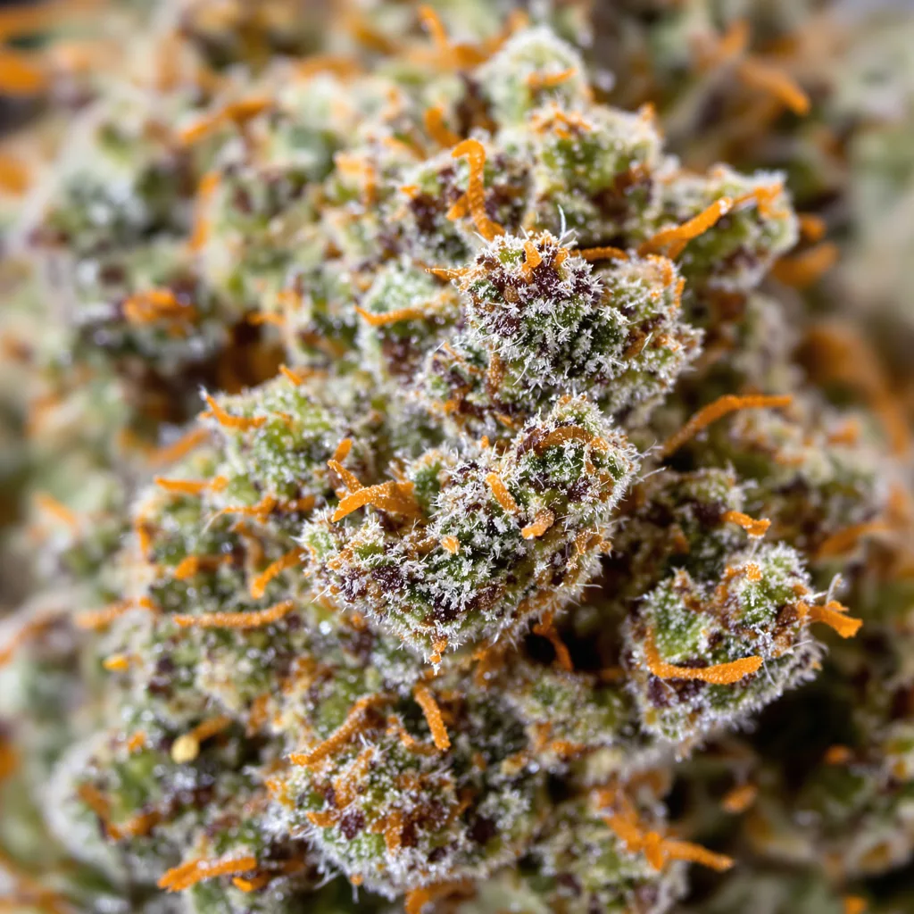 Gros plan de fleur de cannabis Dank Sinatra montrant structure équilibrée avec trichomes givrés