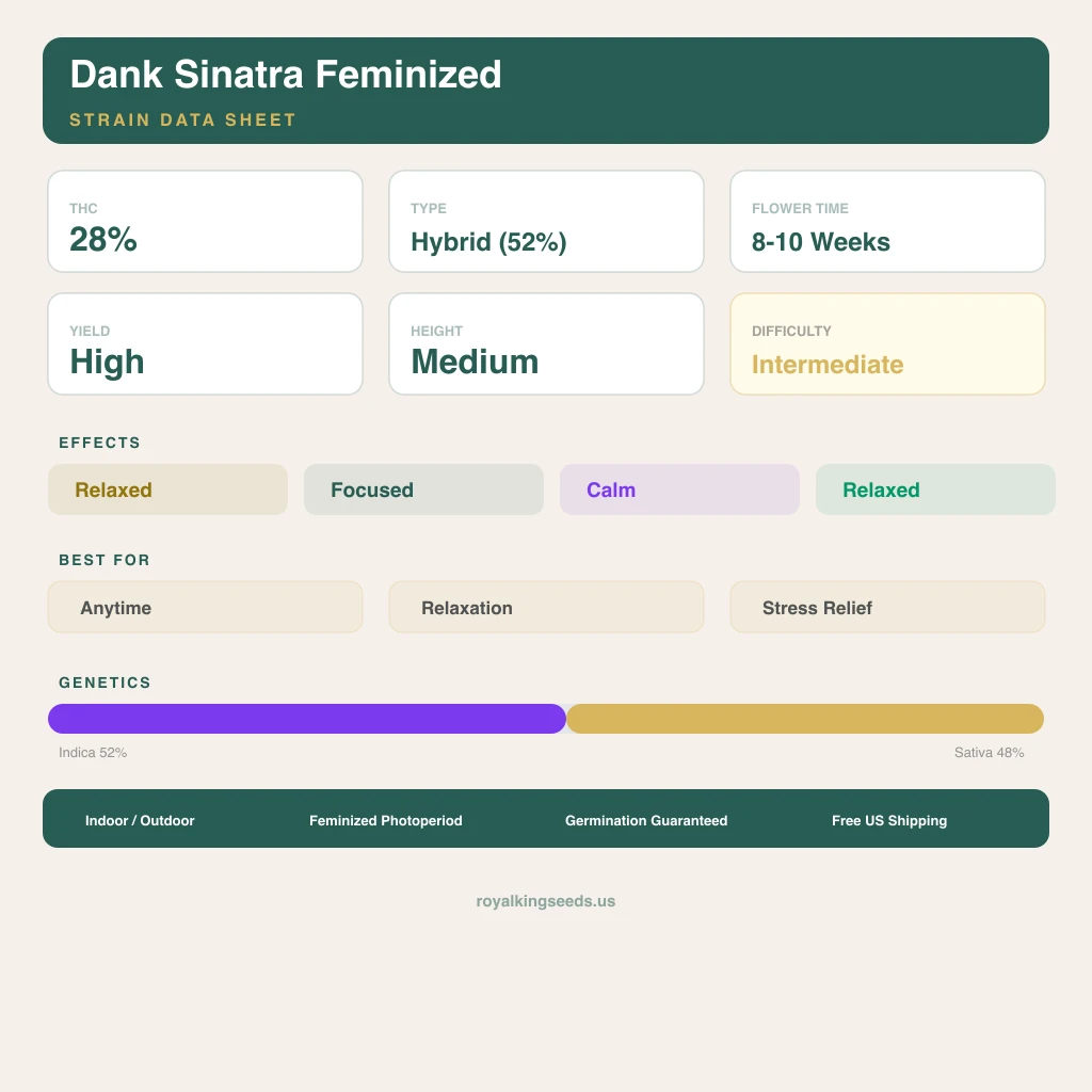 Dank Sinatra 52% indica / 48% sativa — fleur avec trichomes visibles