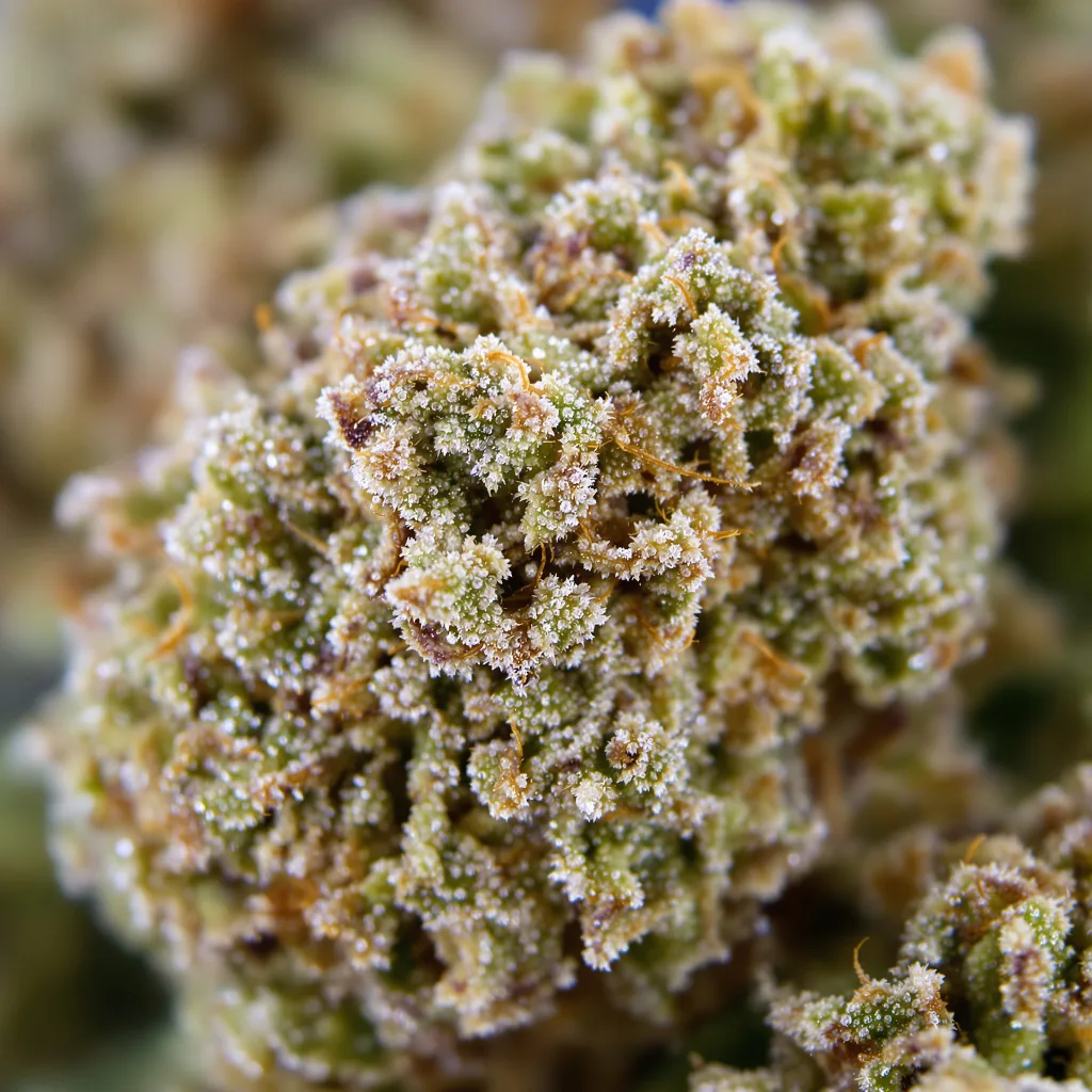 Gros plan de fleur de cannabis Dank Sinatra montrant structure équilibrée avec trichomes givrés