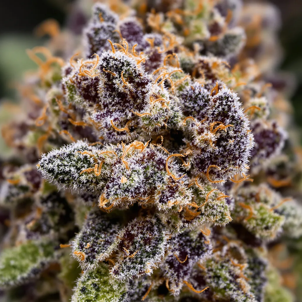 Gros plan de fleur de cannabis Dark Side of the Moon montrant calices denses aux reflets violets