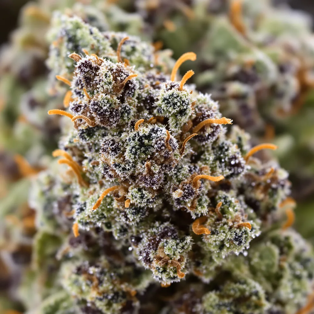 Gros plan de fleur de cannabis Dark Side of the Moon montrant calices denses aux reflets violets