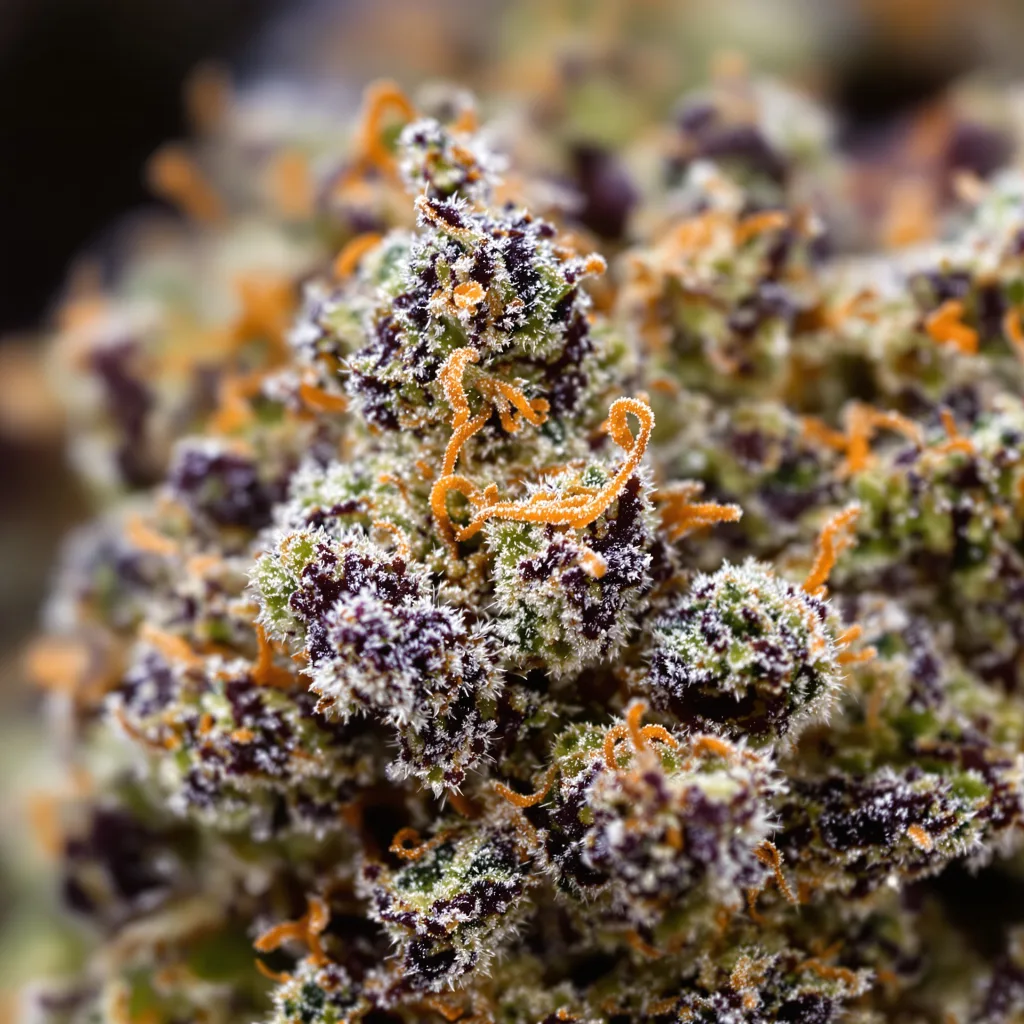 Gros plan de fleur de cannabis Darth Vader montrant calices denses aux reflets violets