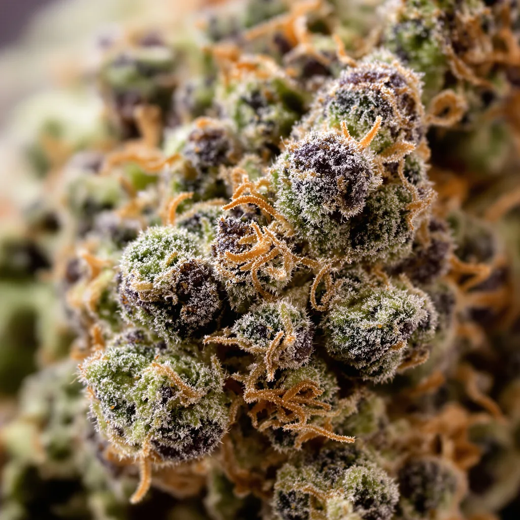 Gros plan de fleur de cannabis Dawgfather OG montrant calices denses aux reflets violets