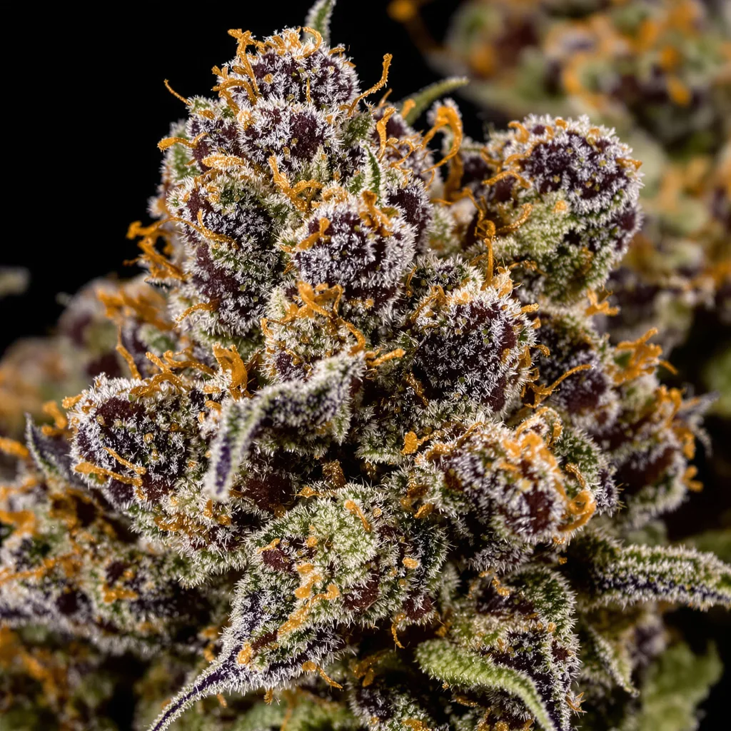 Gros plan de fleur de cannabis Dawgfather OG montrant calices denses aux reflets violets