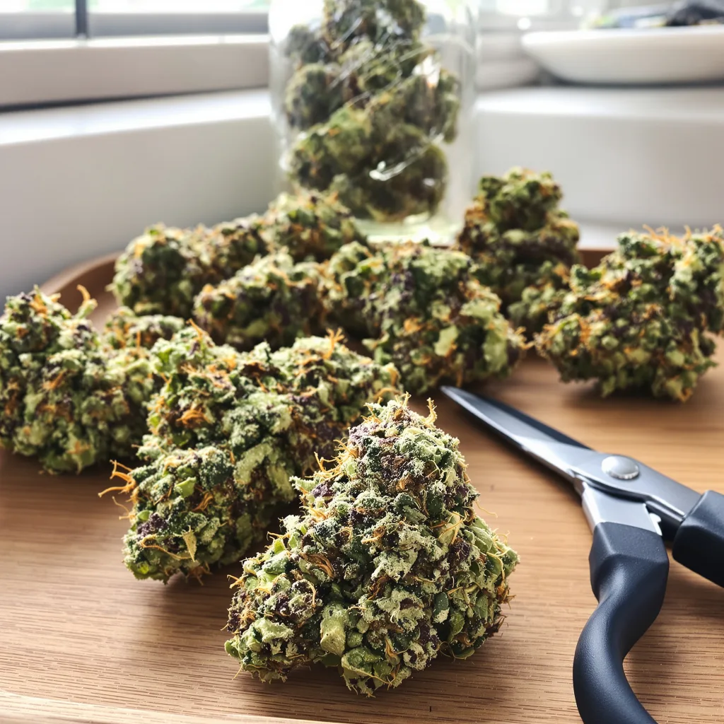 Deadhead OG 40% indica / 60% sativa — fleur avec trichomes visibles