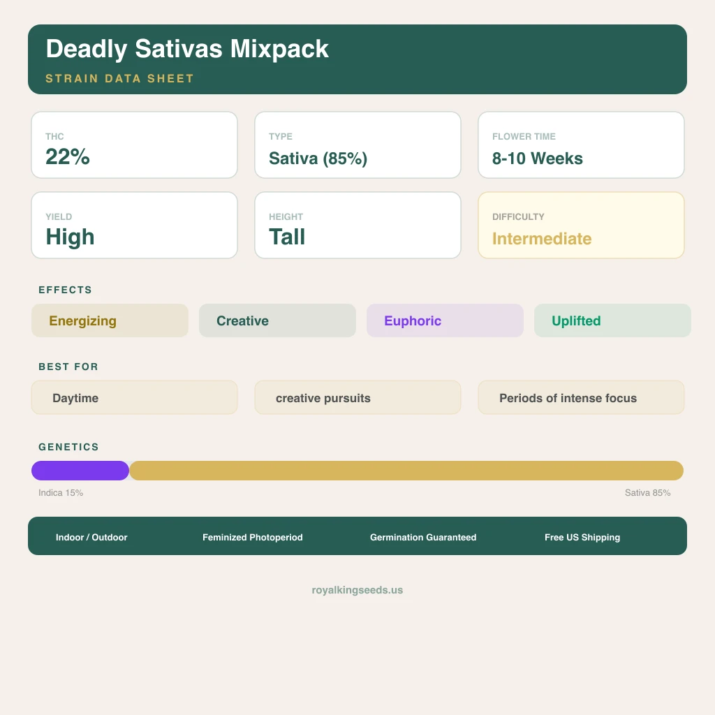 Deadly Sativas Mixpack 15% indica / 85% sativa — fleur avec trichomes visibles