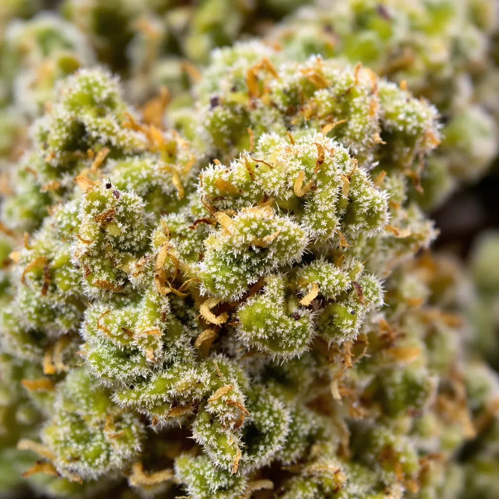Gros plan de fleur de cannabis Deadly Sativas Mixpack montrant structure aérée vert lime