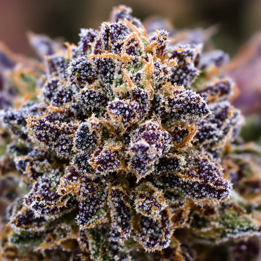Gros plan de fleur de cannabis Deadwood montrant calices denses aux reflets violets
