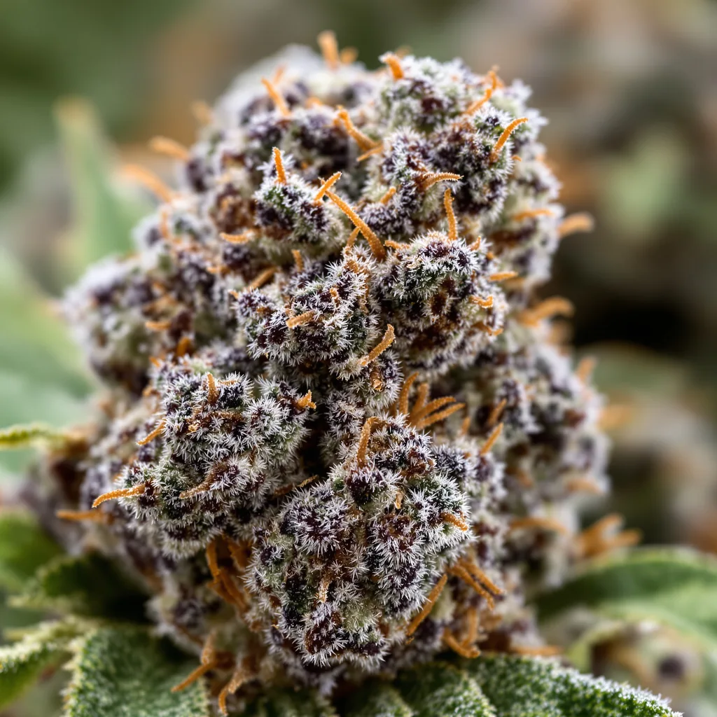 Gros plan de fleur de cannabis Deadwood montrant calices denses aux reflets violets