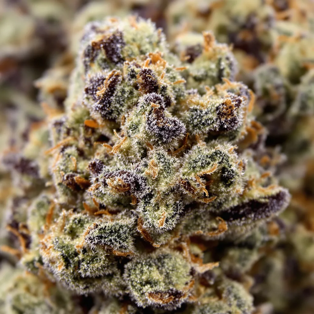 Gros plan de fleur de cannabis Deep Chunk montrant calices denses aux reflets violets